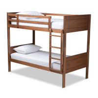 Baxton Studio MG0051-Walnut-Twin Bunk Bed Elsie Modern and Contemporary Walnut Brown Finished Wood Twin Size Bunk Bed